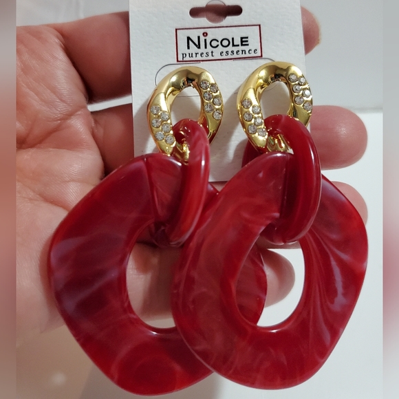 Acrylic and alloy studded crystal earrings, Durable earrings, dark red metal and - Picture 2 of 5